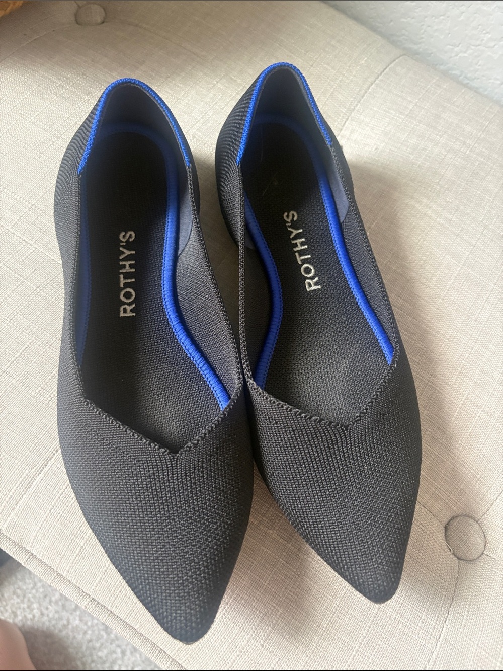 Rothy's Black Pointed Flats with Blue Trim 7